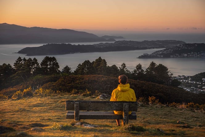 A person in a yellow jacket sitting on a bench looking at the sunset over the ocean.