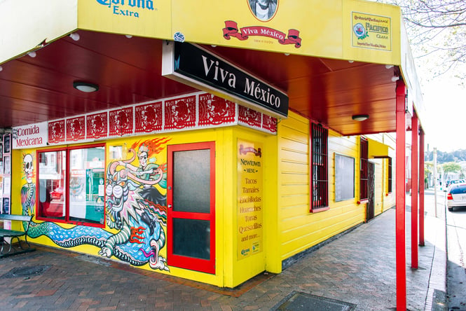 The bright yellow and red exterior of Viva Mexico in Wellington.