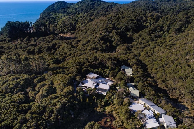 A view of Awaroa Lodge in Tasman National Park from above.
