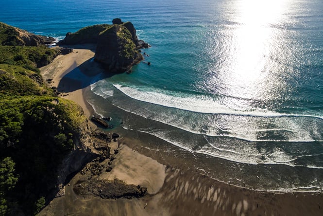 A view of Piha Beach from above.
