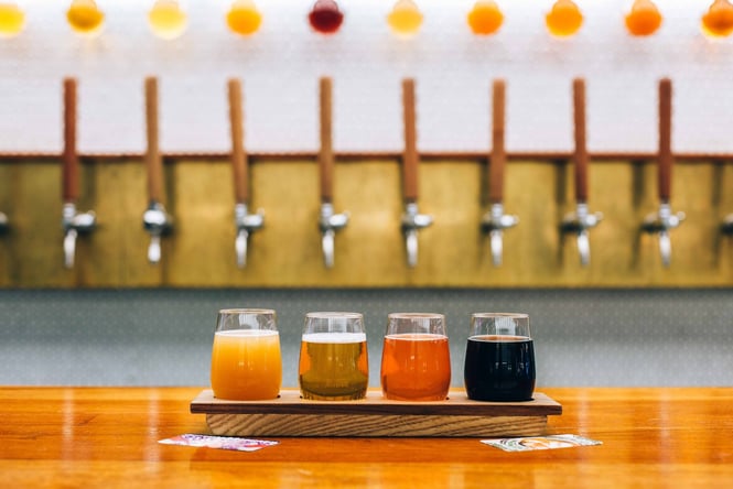 Four tumblers of different coloured beer sit on a tasting paddle in front of a wall of long, wooden-handled beer taps at 91 Aro in Wellington.