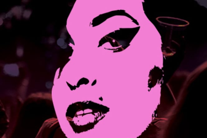 A pink and black portrait of Amy Winehouse.