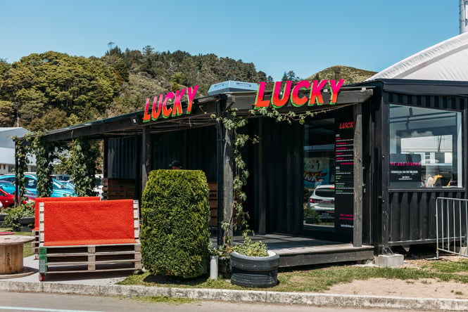 The outside of the Lucky restaurant.
