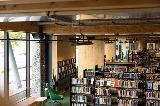 Library books on shelves at Te Whare Whakatere.