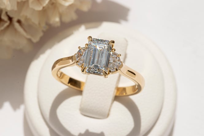 Close up of a diamond ring.