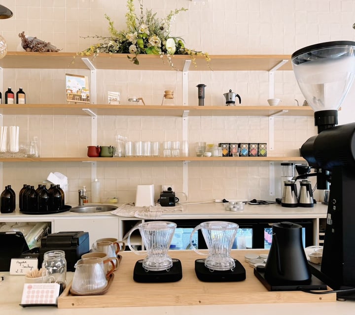 Coffee brewing equipment on the counter at Comes & Goes café in Petone.