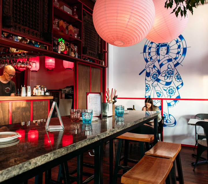 The colourful, Asian-inspired interior of FunBuns in Hastings.