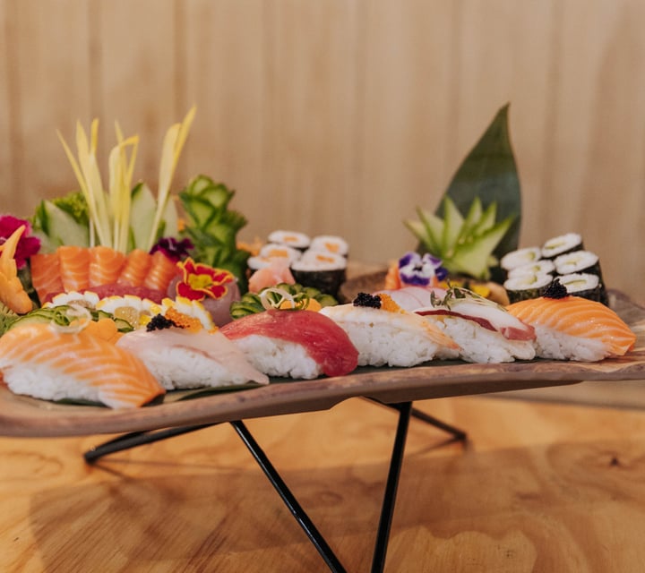 Sushi on plates.
