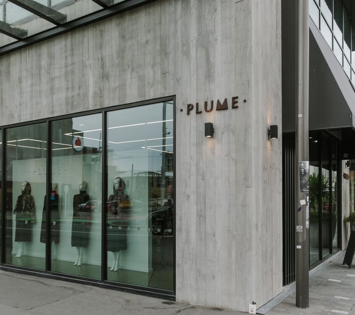 The exterior and entrance to the PLUME clothing store in Christchurch.