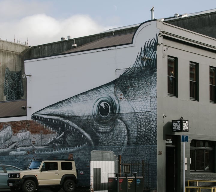 Fish graffiti on the side of Vogel Street Kitchen, Dunedin.
