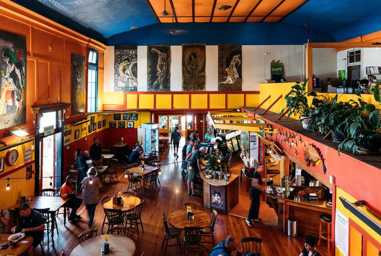 A brightly coloured cafe interior.