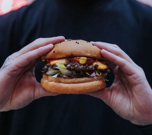 Close up of a burger.
