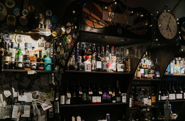 Bottles of spirits on display behind the bar at Albar, Dunedin.