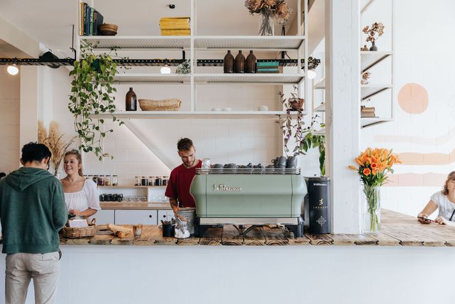 The counter and coffee machine at Ally & Sid café in Christchurch.