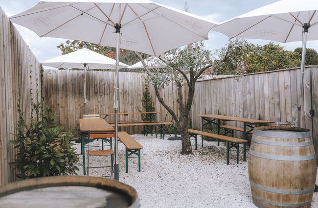 Outdoor courtyard with tables and umbrellas at Bar Martin, Auckland.