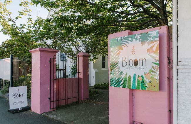 Pink gateway entrance to Bloom Cafe, Motueka.