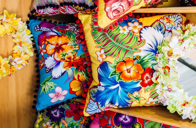 Floral cushions on a shelf at Blue Bell Club, Porirua.