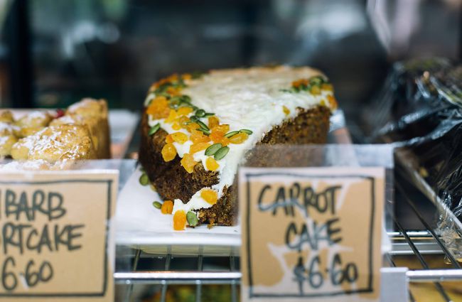 Carrot cake in a cabinet.