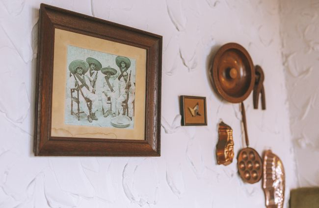 Close up of vintage artefacts on the wall.