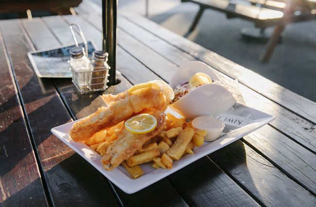 Fish and chips on a plate.