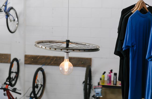 Light fitting made from old bike wheel at Cycle Ventures in Waitaki.