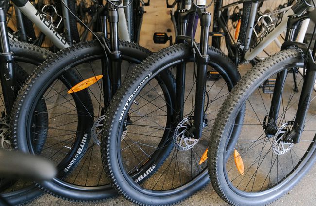 A row of bike wheels at Cycle Ventures in Waitaki.