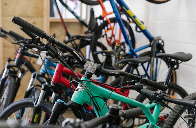 Close up of bike frames lined up at Cycle Ventures in Waitaki.