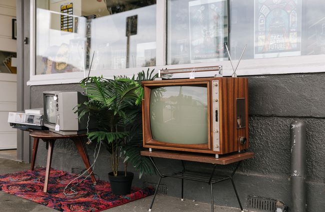 Old televisions outside front of the shop at Dead Video in Lyttelton.
