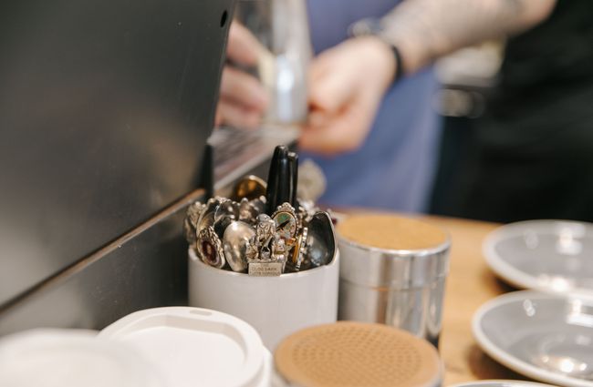 Close up of teaspoons in a jar at Dispense Espresso in Christchurch.