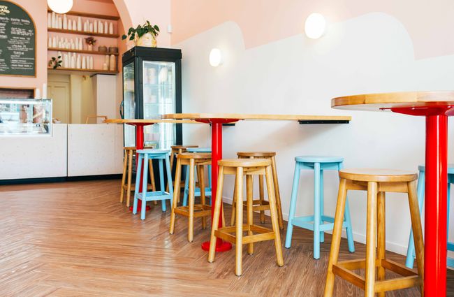 Colourful seating stools.