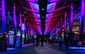 People walking under purple lights at Eat Streat in Rotorua.