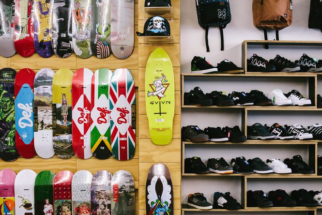 Skateboards and shoes on display at Embassy in Christchurch.