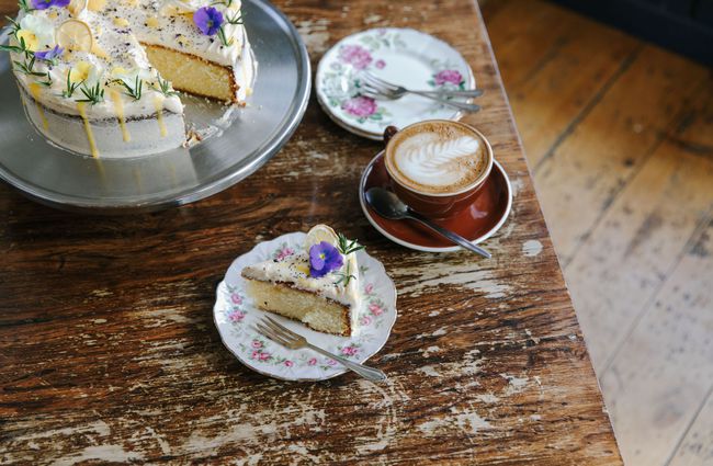 Cakes and coffee on a table at Farm Barn Café in Fairlie.