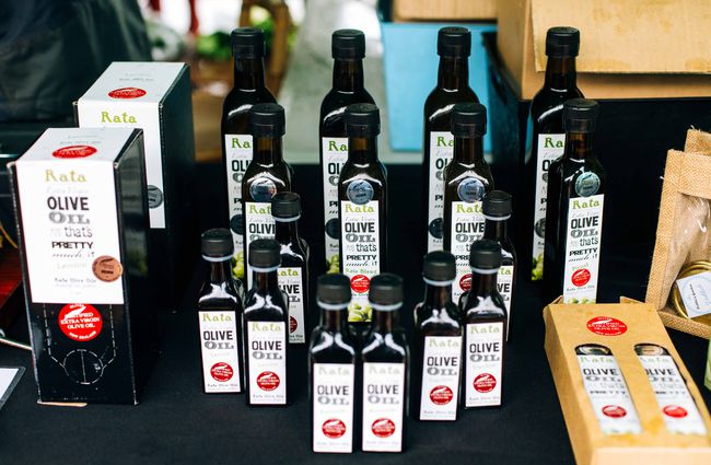 Close up of bottles of olive oil.