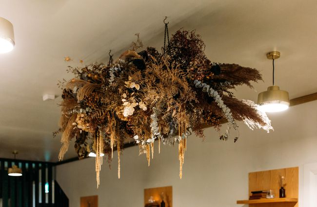 Dried flower arrangement on the ceiling at Fork N Knife, New Plymouth.