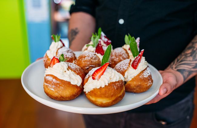 Cream filled donuts with strawberries from Gear Eatery and Bar, Porirua.