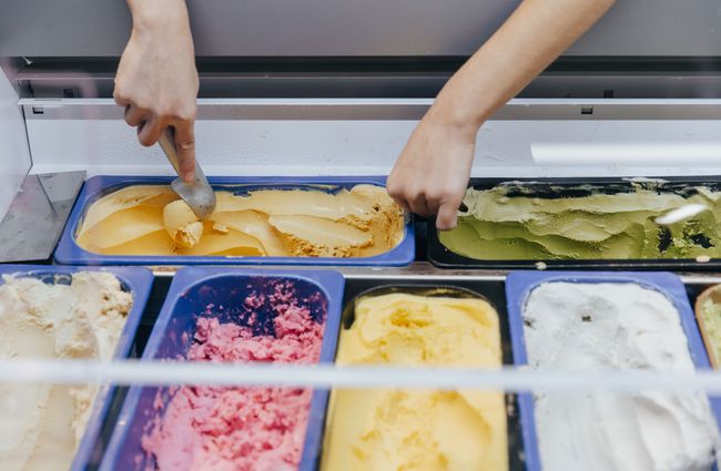 Colourful sorbet in a cabinet.
