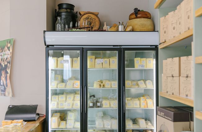 Lots of cheeses in big fridges at Geraldine Cheese Company.