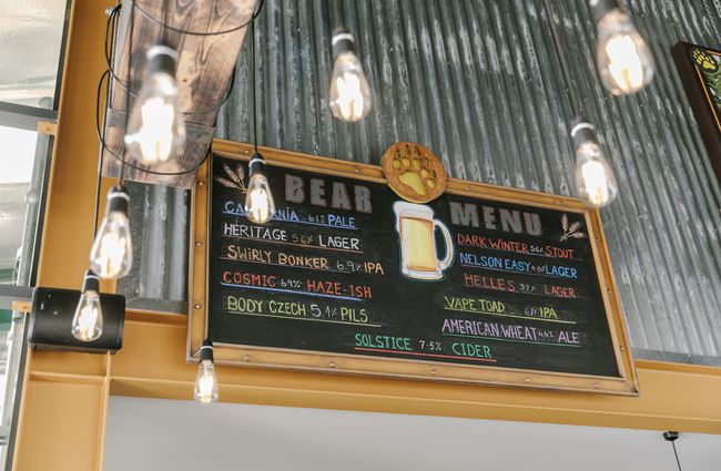Blackboard with beer options at Golden Bear Brewing Company, Māpua Tasman.