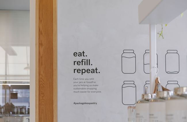 Eat, Refill, Repeat sign at GoodFor in Christchurch.