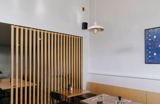 Interior wall made of light wood at Hardy St Eatery.