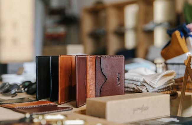 Close up of leather wallets for sale at Indigo & Provisions, Christchurch.