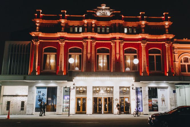 The Isaac Theatre Royal in Christchurch at night.