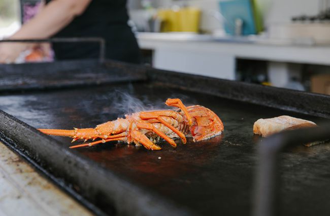 Cooking a crayfish on grill at Kaikōura Seafood Bbq.