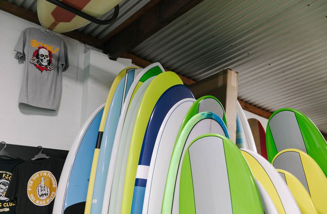 View of surfboards for sale at Kaikōura Surf Company.