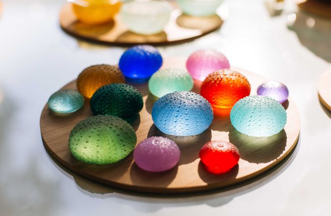 Colourful glass kina shells at Kina NZ Design + Artspace, New Plymouth.