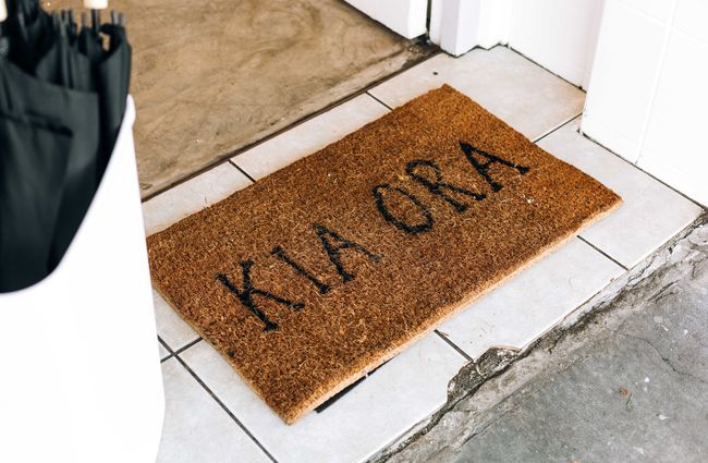 Kia ora welcome mat at Knead Artisan Donuts, New Plymouth.