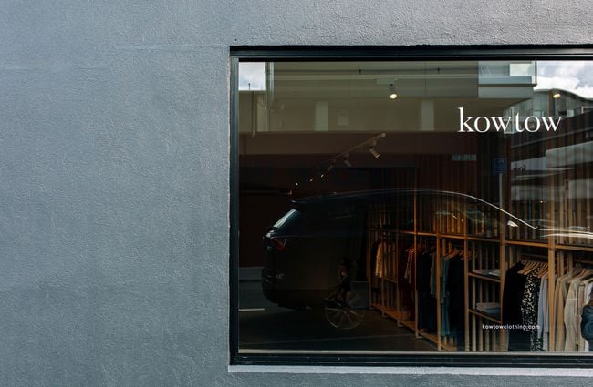The exterior window of Kowtow Wellington clothing store, New Zealand.