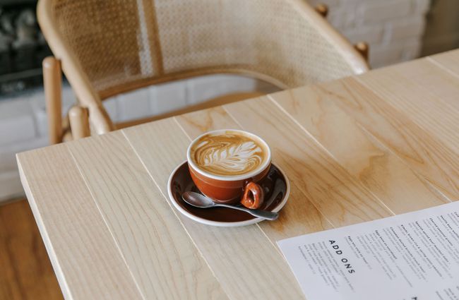 A close up of a flat white on a table at Mint Folk and Co in Twizel.