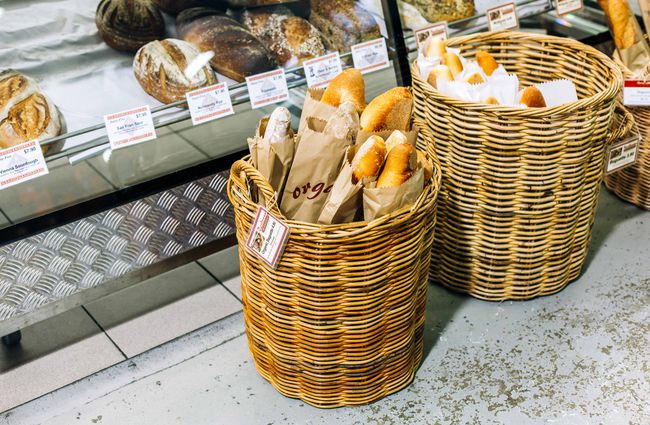 Baguettes in a basket at Moore Wilson's.